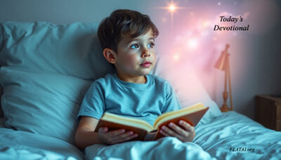 Young boy sitting up in a bed reading a bible looking up to heaven Devotional for 2025 Mar added 2/11/2025